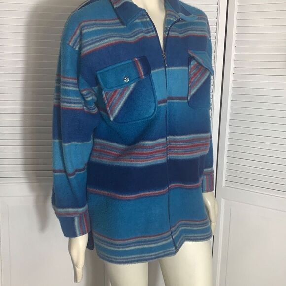 Vintage 80’s 90’s Oversized Blue Striped Zip Up Fleece Jacket Medium - Picture 3 of 14